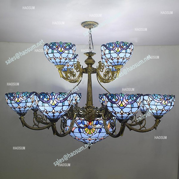 European modern  blue living room bedroom multi head crystal chandelier Tiffany colored glass LED lighting