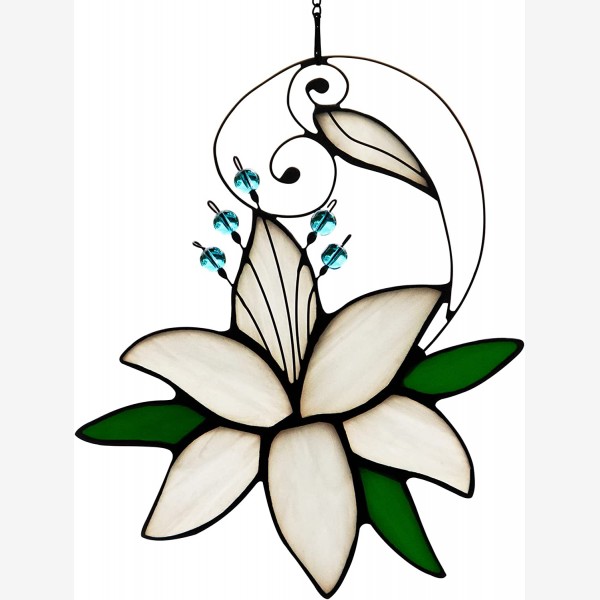 Women Birthday White Lily Flower Gift for Her, Floral Gift Stained Glass Window Hangings Suncatcher Anniversary Love Gifts for Mom Grandma Aunt Sister