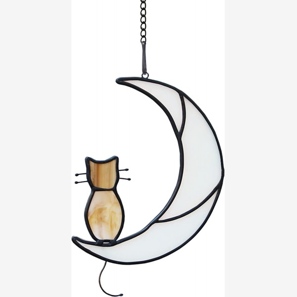 HAOSUM Orange Tabby Cat On Moon Stained Glass Window Hangings,Tabby Cat Decoration suncatcher Hanging Ornament Gift for Mom,Cat Memorial Gifts for Cat