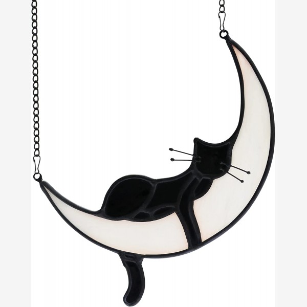 HAOSUM Sleeping Black Cat on Moon Stained Glass Window Hangings,Cat Decor Gifts for Cat Lovers,Black Cat Halloween Decor Ornaments for Window,Patio