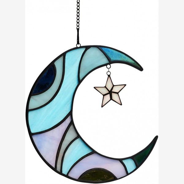 HAOSUM Stars and Moon Decor Gift Window Stained Glass,Stained Glass Suncatcher for Window Crescent Moon Decor,Moon Decorations for Home Indoor Window