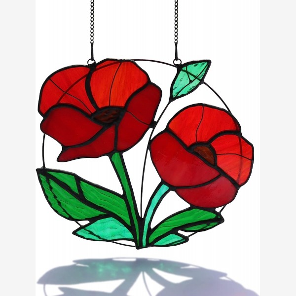 HAOSUM Red Flowers Stained Glass Window Hanging,Artificial Poppy Flower Suncatcher Wall Art Decor,Red Poppies Modern Artwork Hanging Decorations
