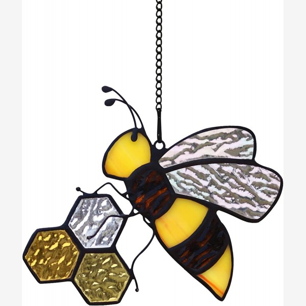 HAOSUM Bee On Honeycomb Stained Glass Window Hangings, Bee Suncatcher Garden Bee Decor Bee Gift for Mom Women