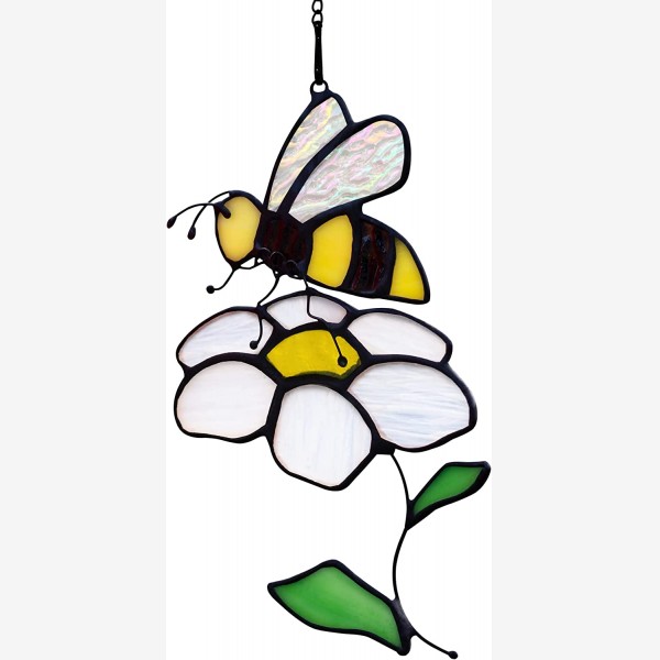 HAOSUM Bee Suncatcher Flower Stained Glass Window Hangings, Bee Decor Party Birthday Bee Gifts for Women,Bee Lovers, Housewarming Gifts.