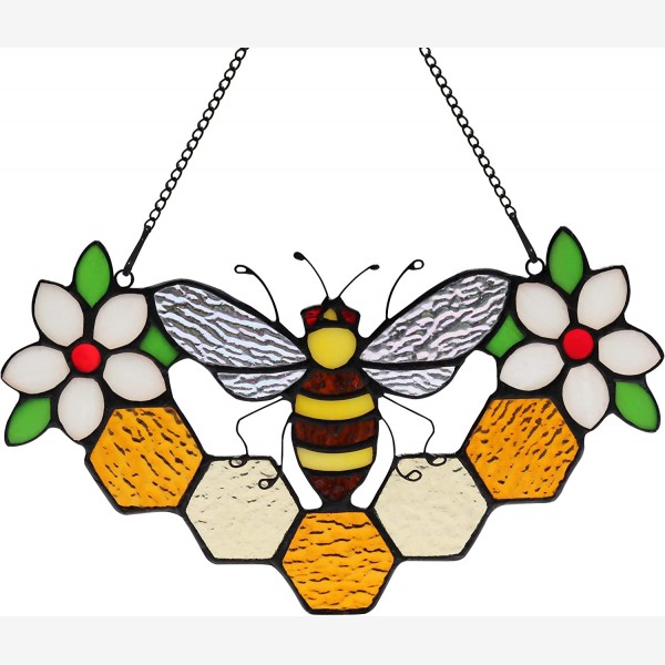 HAOSUM Bee Decor Stained Glass Window Hanging,Honeybee Honeycomb with Flowers Suncatcher for Window,Wall Art Ornaments,Birthday Gifts for Women  