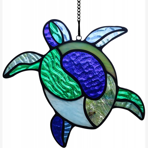 HAOSUM Sea Turtle Decor Stained Glass Window Hanging,Navy Turtle Suncatcher for Garden,Bathroom,Backyard and Living Room,Ocean Theme Party