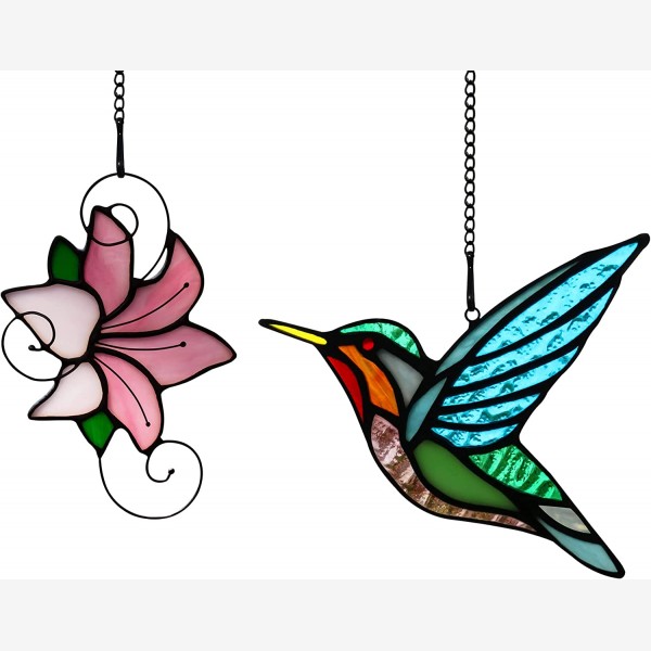 HAOSUM Hummingbird with Lily Flower Stained Glass Window Hangings, Hummingbird Decorations Suncatcher for Window, Handmade Stained Glass Lily Flower 