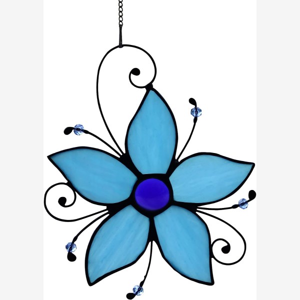 HAOSUM Stained Glass Window Hanging Flower Ornaments,Forget Me Not Blue Flower Suncatcher for Window, Home Decor of Living Room, Gift for Women 