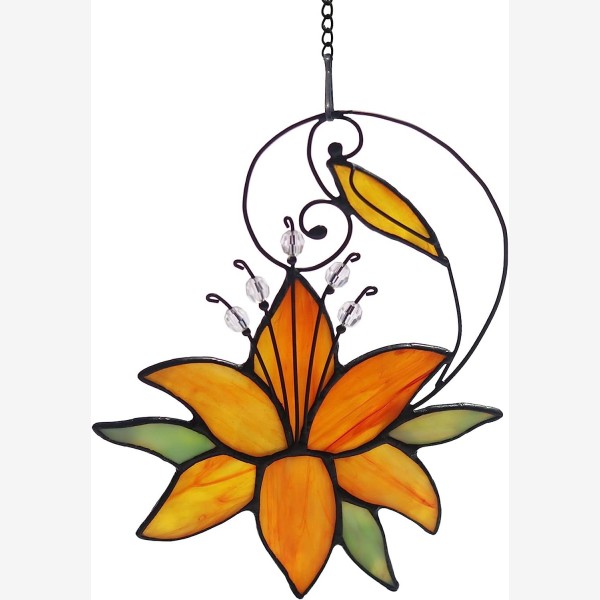 Orange Tiger Lily Flower Gift for Her Women, Love Gift Stained Glass Window Hanging Floral Suncatcher for Mother's Day Birthday, Valentine Day Gift 