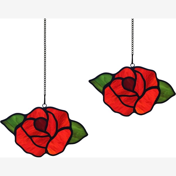 HAOSUM Red Rose Flower Stained Glass Window Hanging,Valentines Day Rose Gifts for Lovers,Her,Wife,Birthday Gift for Women,Romantic Lovely