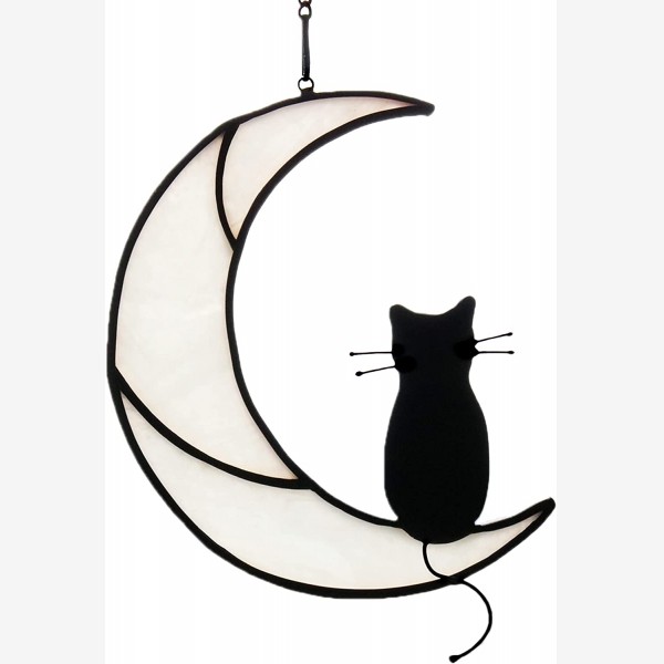 HAOSUM Black Cat On White Moon Stained Glass Window Hangings Ornament,Cat Memorial Gifts,Cat Gifts for Mom,Cat Themed Gifts for Cat Lovers