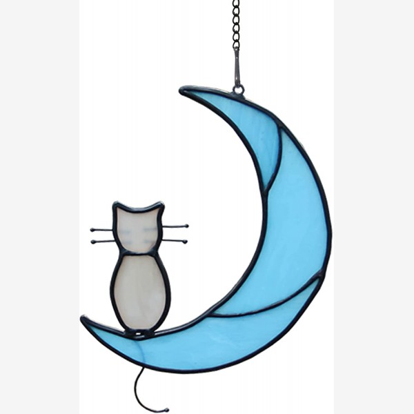 HAOSUM Gray Cat Decor On Blue Moon Stained Glass Window Hangings,Glass Cat Suncatcher Window Decoration Crafts,Cat Memorial Gift Gift for Mom,Grandma
