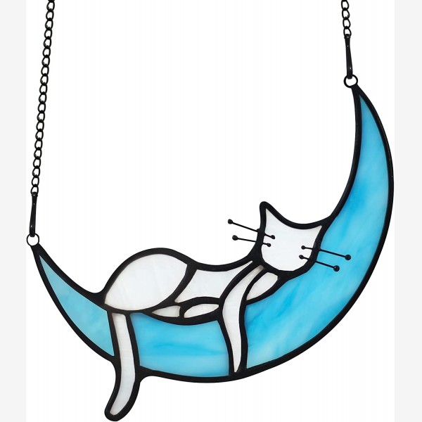 HAOSUM Sleeping White Cat on Moon Stained Glass Window Hangings,Cat Decor Cat Memorial Gifts for Cat Lovers,White Cat Suncatcher for Kitchen Bedroom B