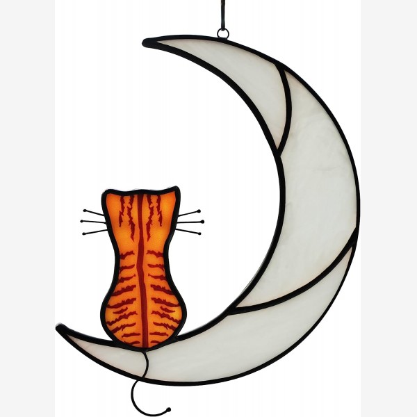HAOSUM Orange Tabby Cat Decor,Orange Cat on White Moon Handmade Stained Glass Window Hanging,Cat on Moon Suncatcher Decoration Gift for Cat Lover,Cat 