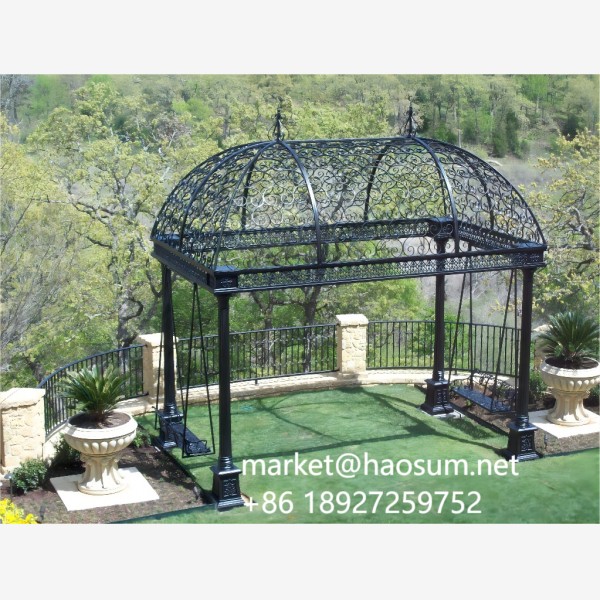 Outdoor decorative wrought iron pavilion oblong gazebo with swings
