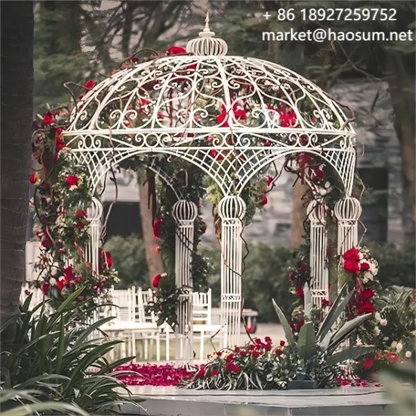 Antique White Iron Pavilion Metal Frame Wedding Arch Round Garden Gazebo For Sale