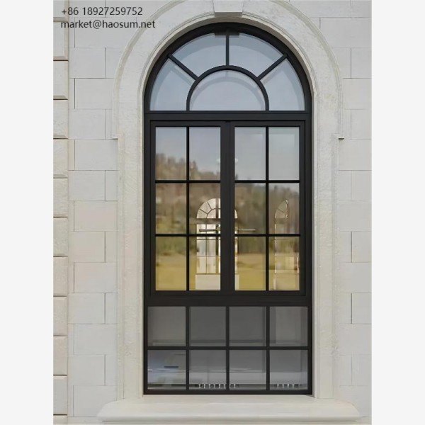 French Style Aluminum Frame Casement Arch Top Windows for Black Picture Windows with Grill Design